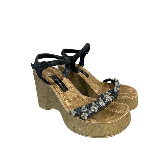 VTG Y2K 2000s Platform Chunky Square Toe Denim Strap Sandals Size 5.5 Retro - Picture 1 of 9